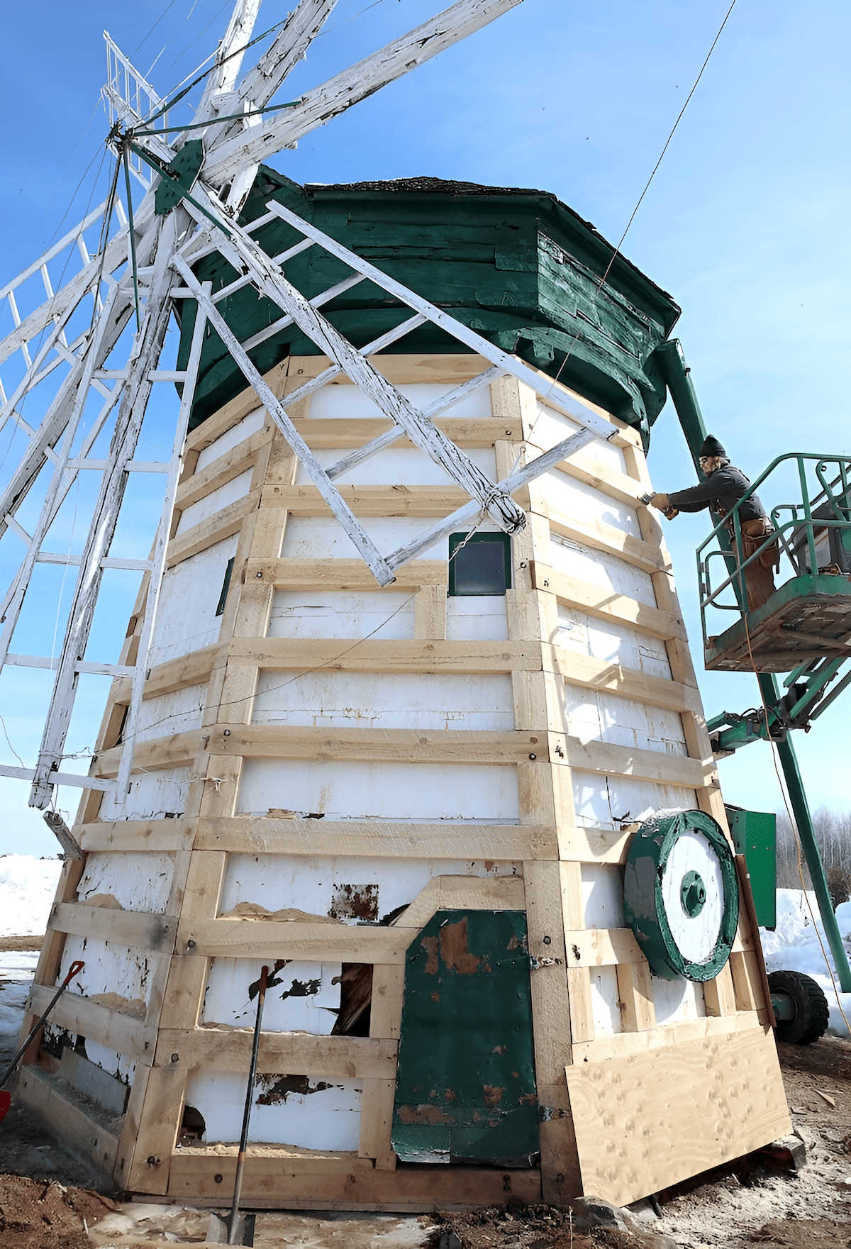 modern wood windmill updated for renewable energy