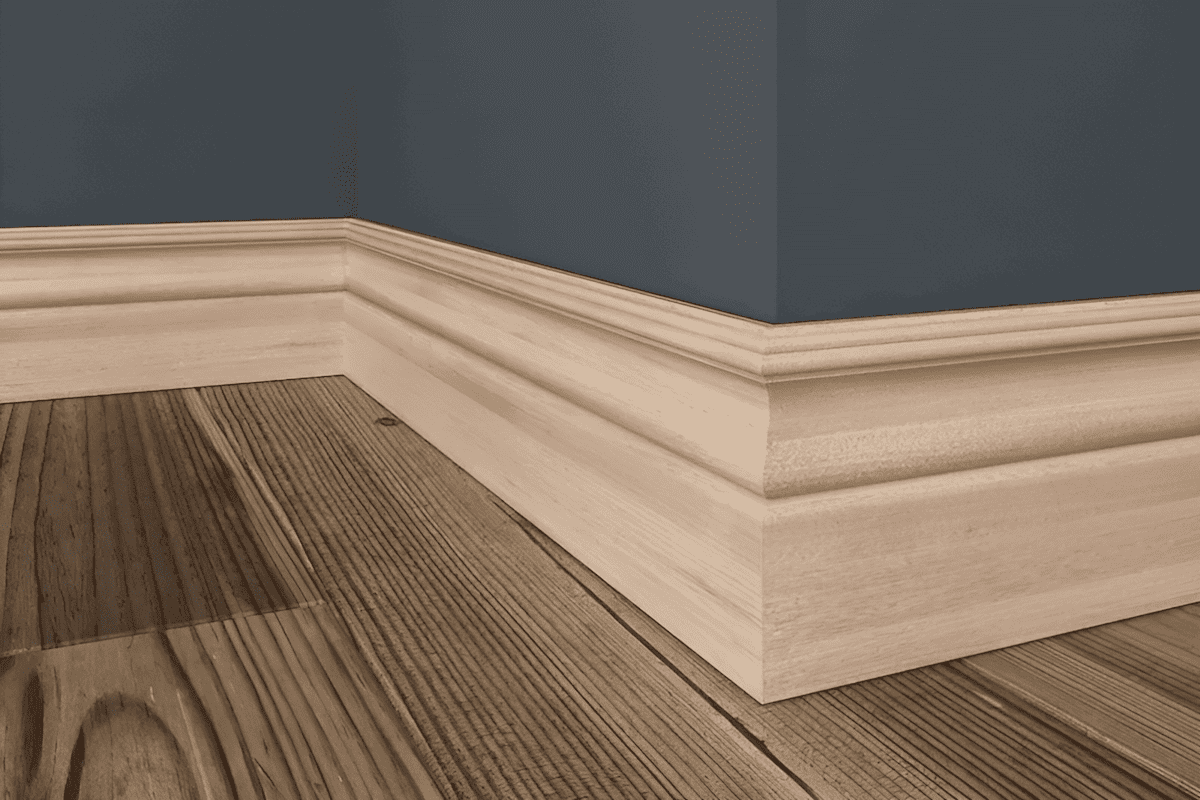 Natural wood grain varnished oak baseboard detail