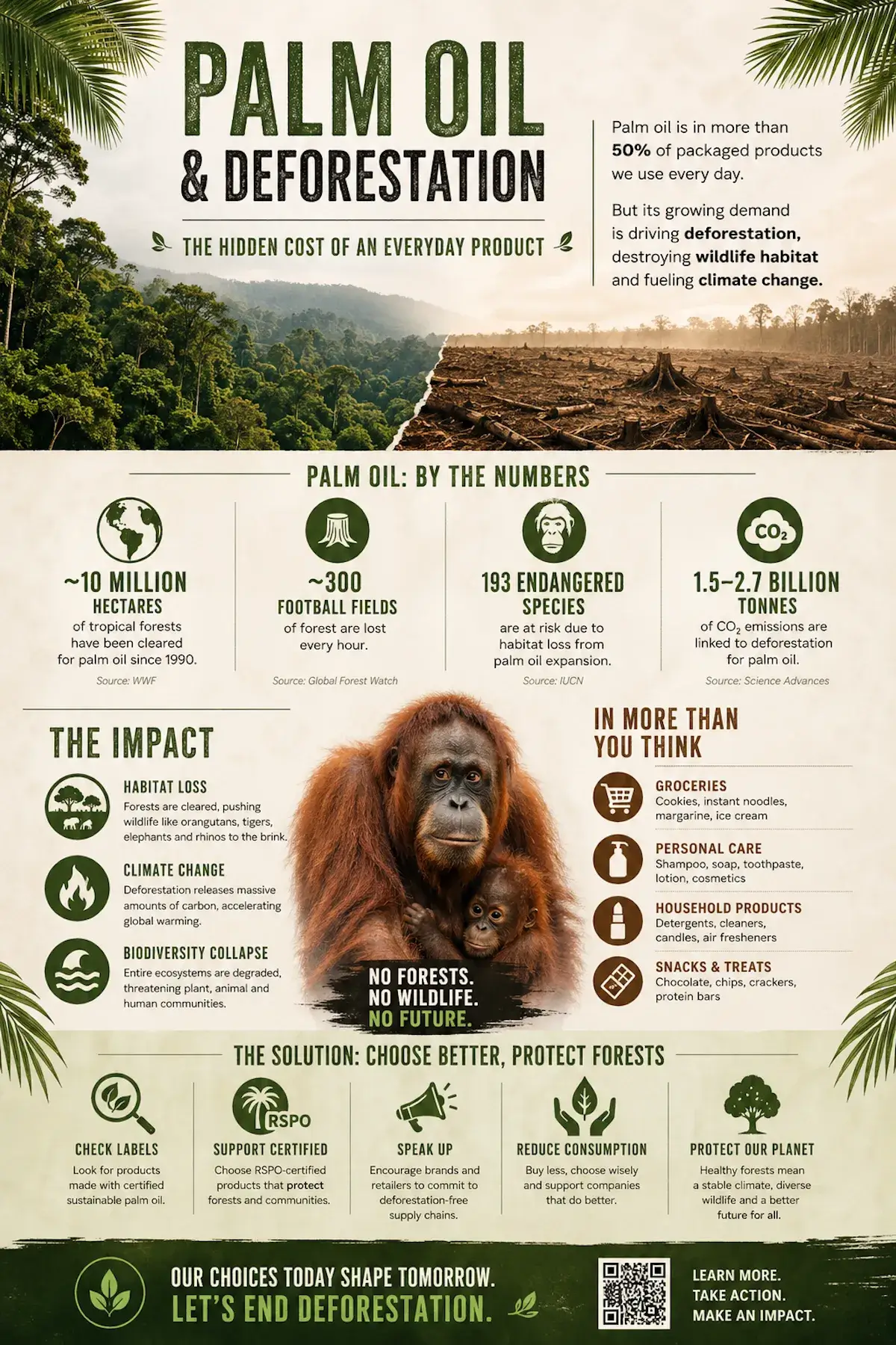 Palm oil deforestation infographic showing rainforest clearing, palm oil products, endangered wildlife, carbon emissions, habitat loss, biodiversity impact, and sustainable consumer solutions.
