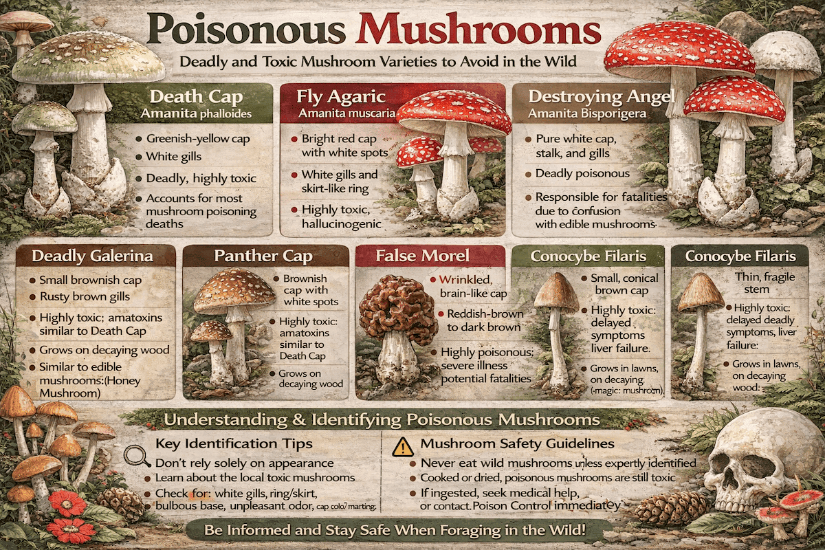 Poisonous mushrooms infographic showing Death Cap, Fly Agaric, Destroying Angel, Deadly Galerina, Panther Cap, False Morel, and Conocybe filaris, with identification tips and mushroom safety guidelines.