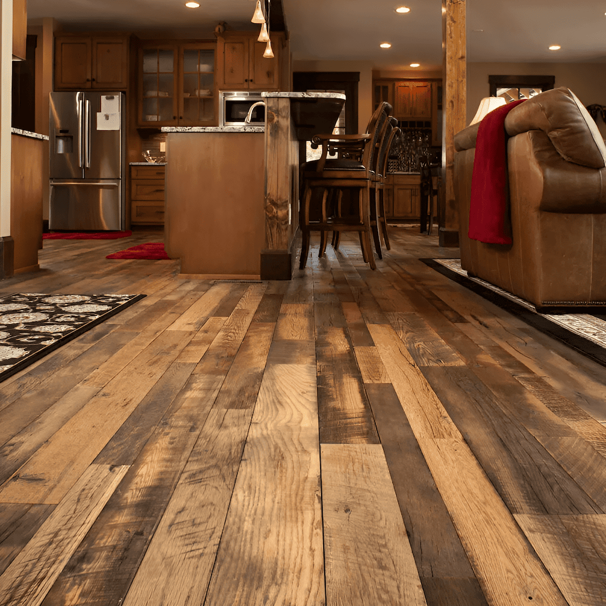 reclaimed wood flooring and beams in a sustainable home interior