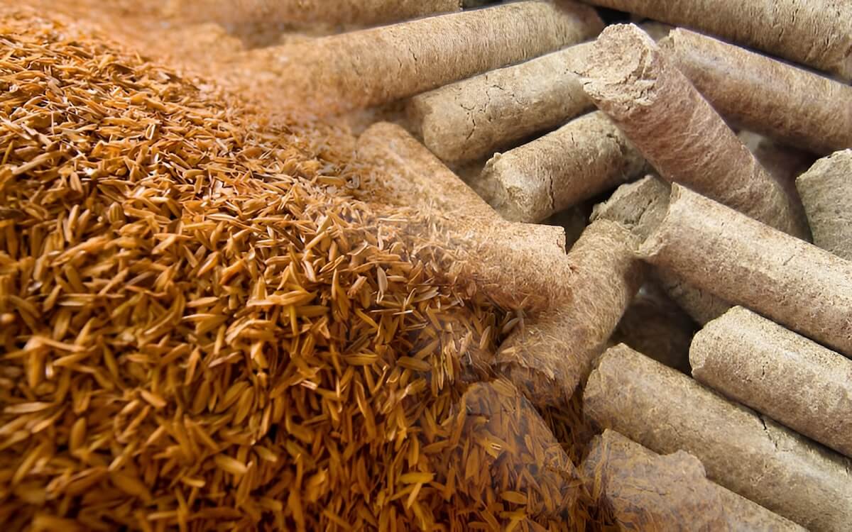 Rice husk biomass from rice milling used for renewable energy, biochar, and silica-rich ash applications