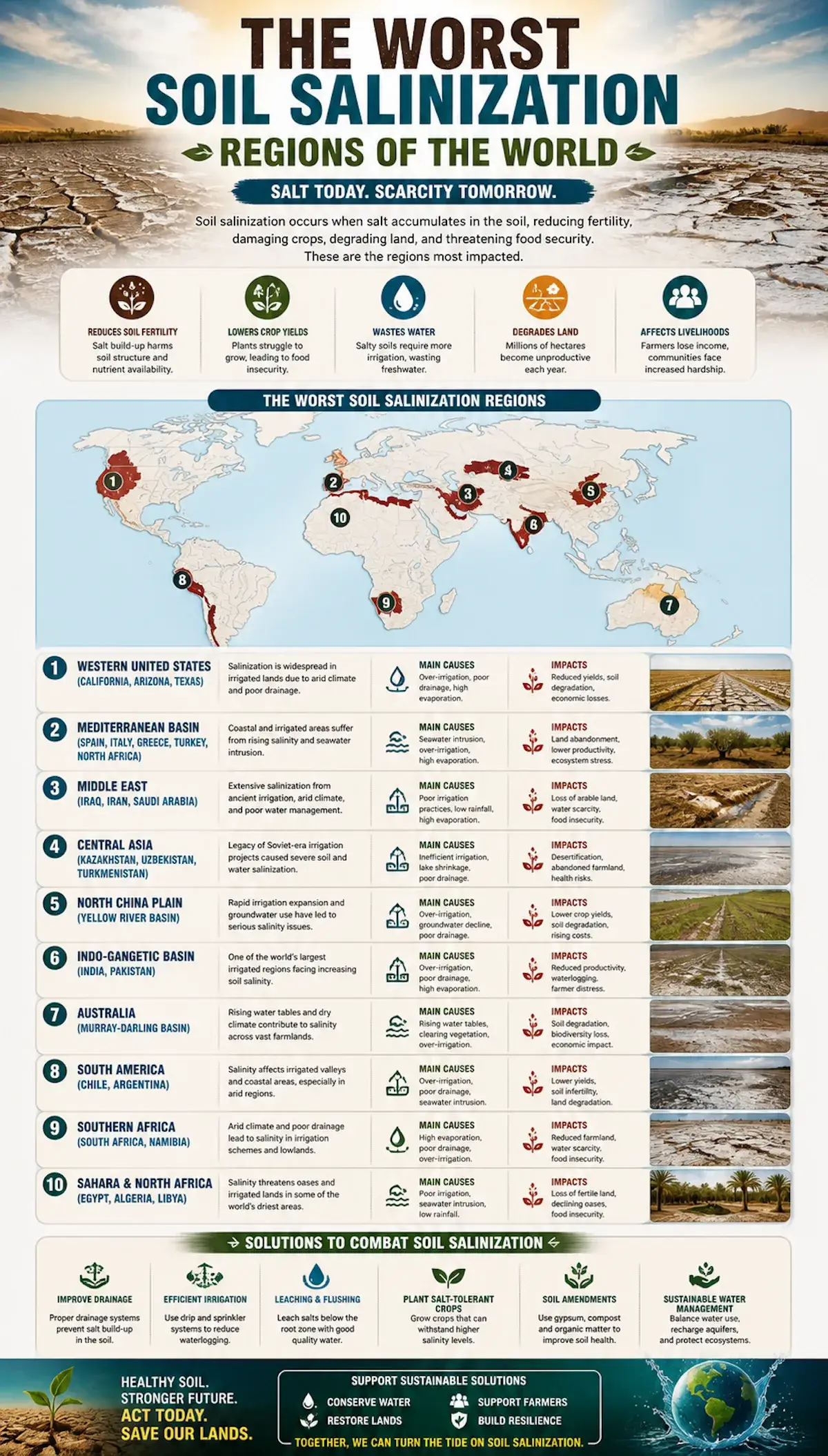 Worst soil salinization regions of the world infographic showing salt-affected regions including the Western United States, Mediterranean Basin, Middle East, Central Asia, North China Plain, Indo-Gangetic Basin, Australia, South America, Southern Africa, and Sahara and North Africa, with causes, impacts, and solutions.