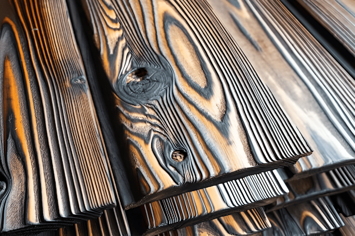 shou sugi ban cypress boards with deep grain texture