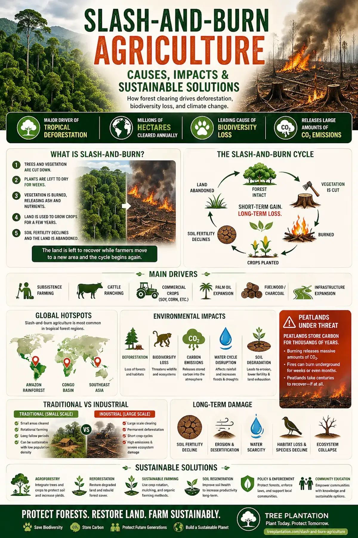 Slash-and-burn agriculture infographic showing forest clearing, burning, farming cycles, deforestation, biodiversity loss, carbon emissions, soil degradation, peatland risks, global hotspots, and sustainable solutions.
