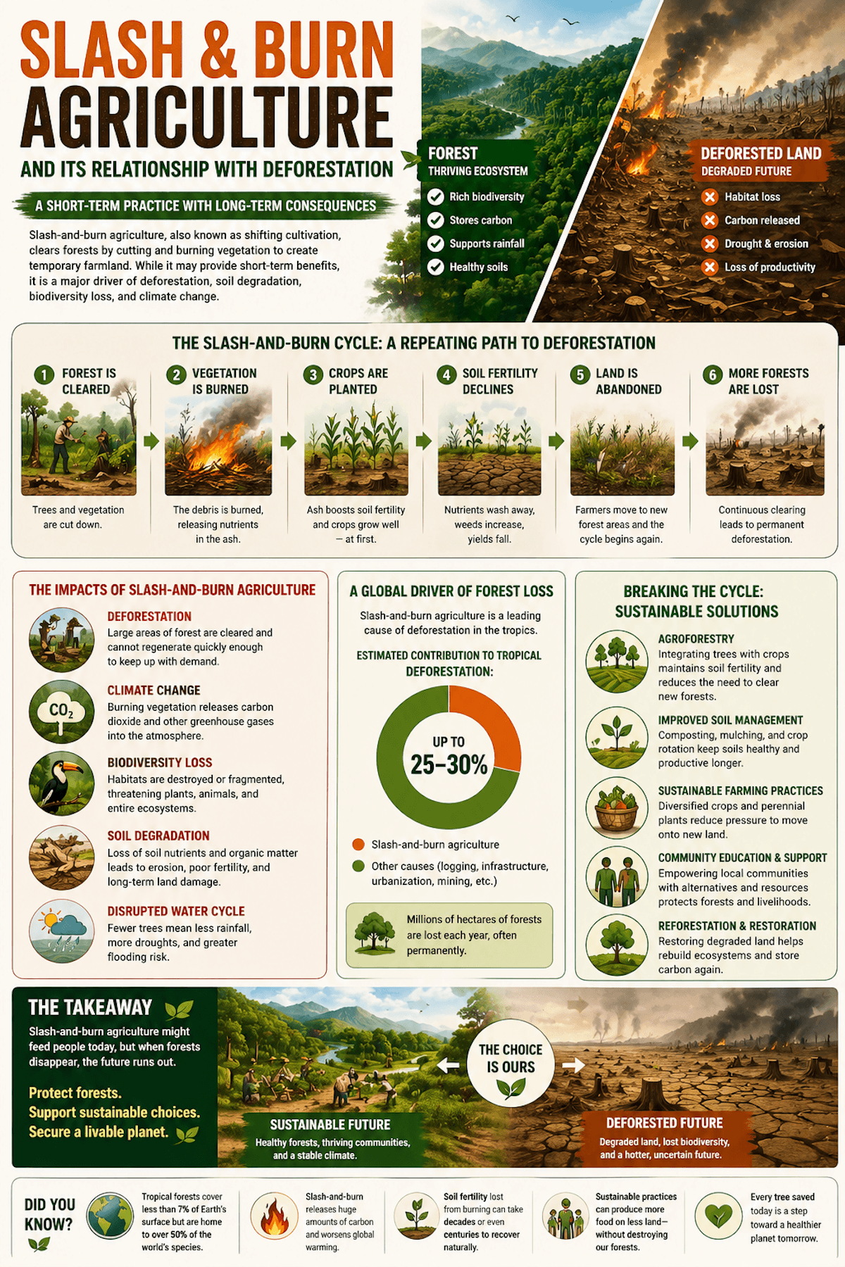 Slash and burn agriculture infographic showing its role in deforestation, soil degradation, and environmental impacts with sustainable solutions