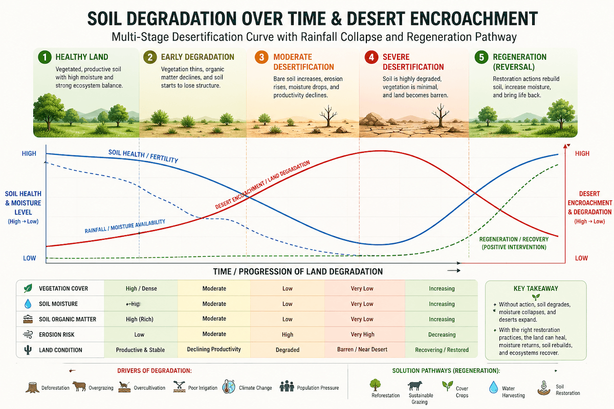 Soil degradation over time chart showing desert encroachment stages, rainfall decline, and regeneration recovery pathway