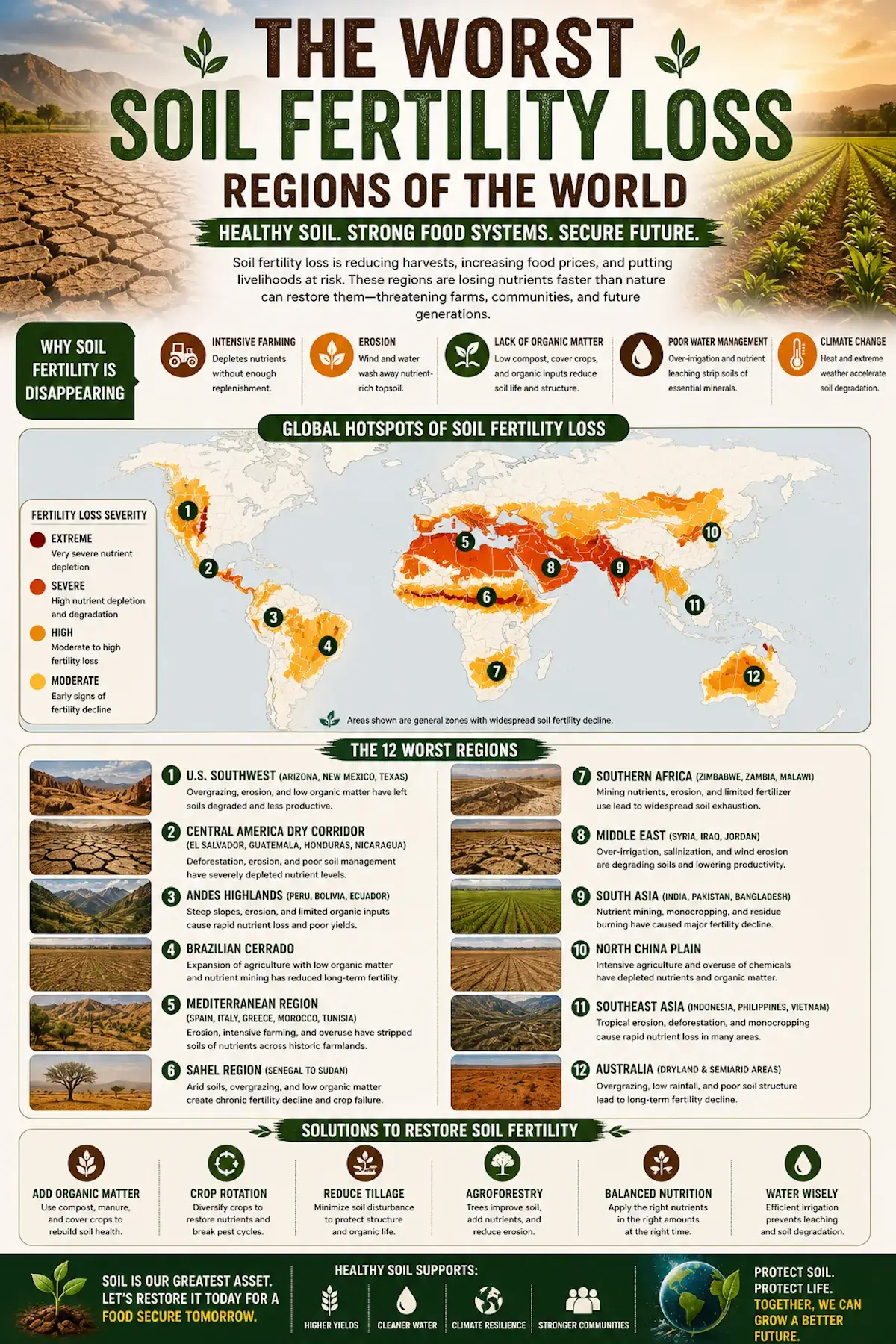 Soil fertility loss regions of the world infographic showing global hotspots, nutrient depletion, erosion, organic matter loss, poor water management, climate change impacts, and solutions to restore soil fertility.