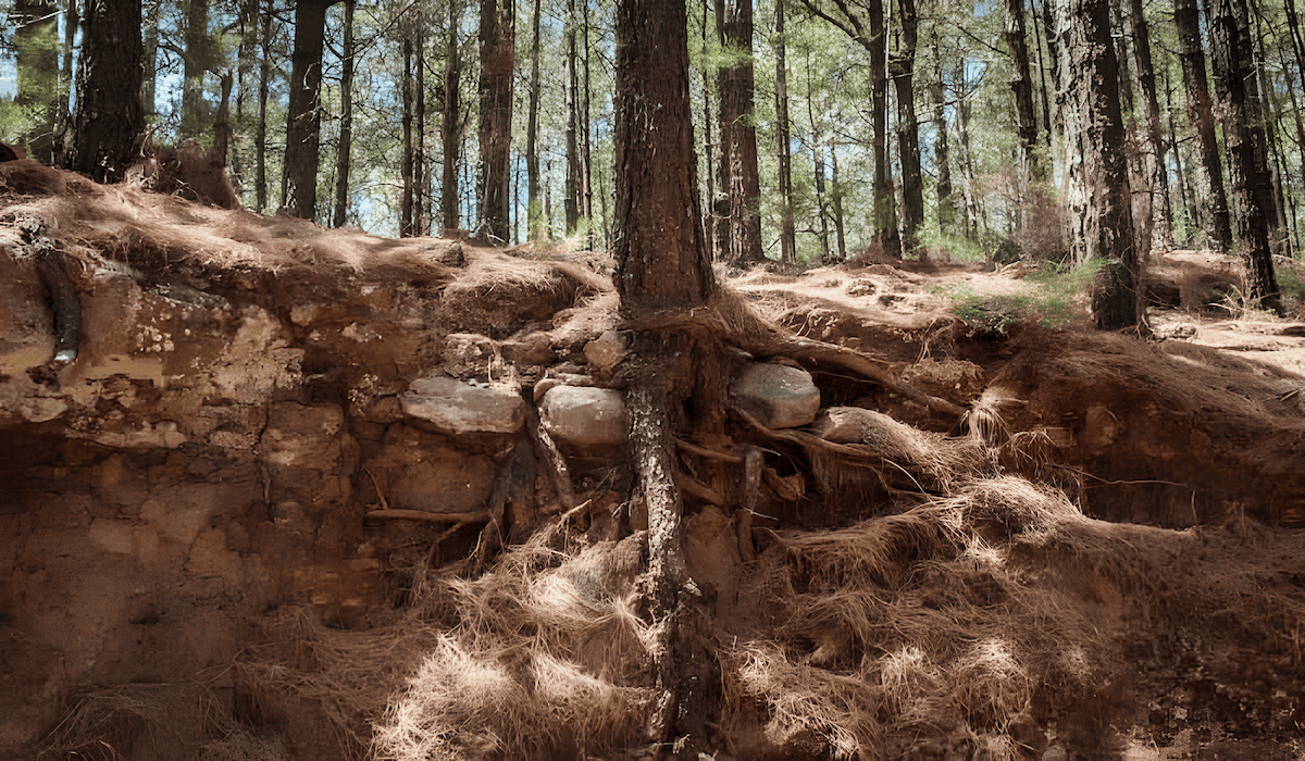 tap root system of a red pine tree anchoring the soil
