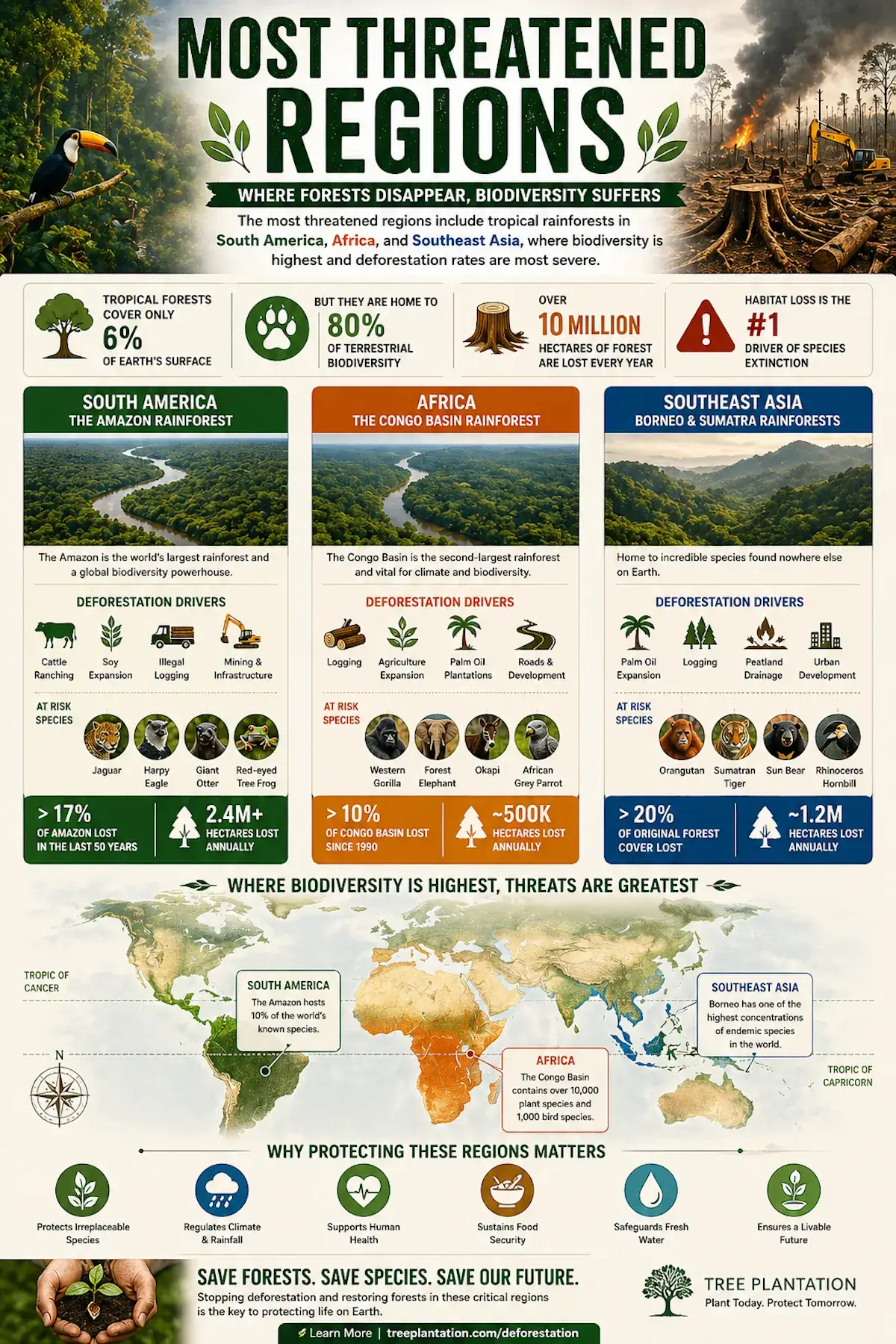 Most threatened regions infographic showing biodiversity loss in South America Amazon rainforest, Africa Congo Basin, and Southeast Asia due to deforestation and habitat loss.