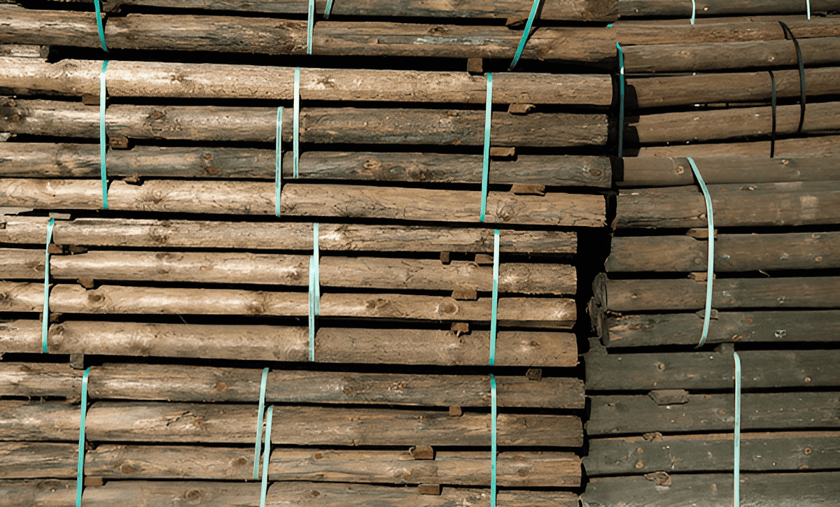 Bundle of brown pressure treated 4x4 wood fence posts