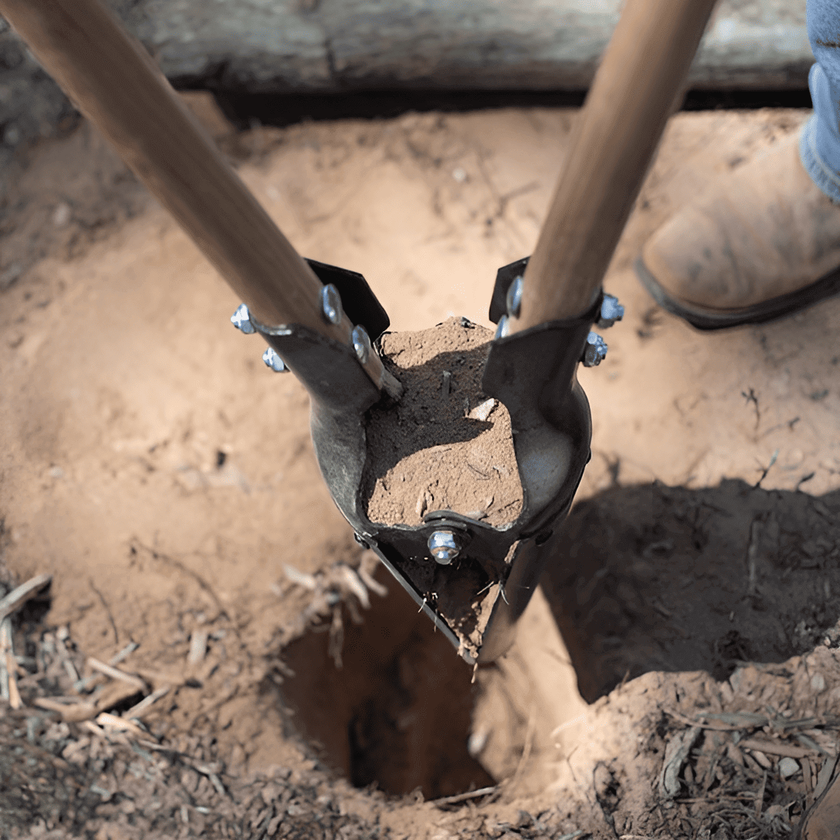 Two-handle one person manual post hole digger for wooden fence posts