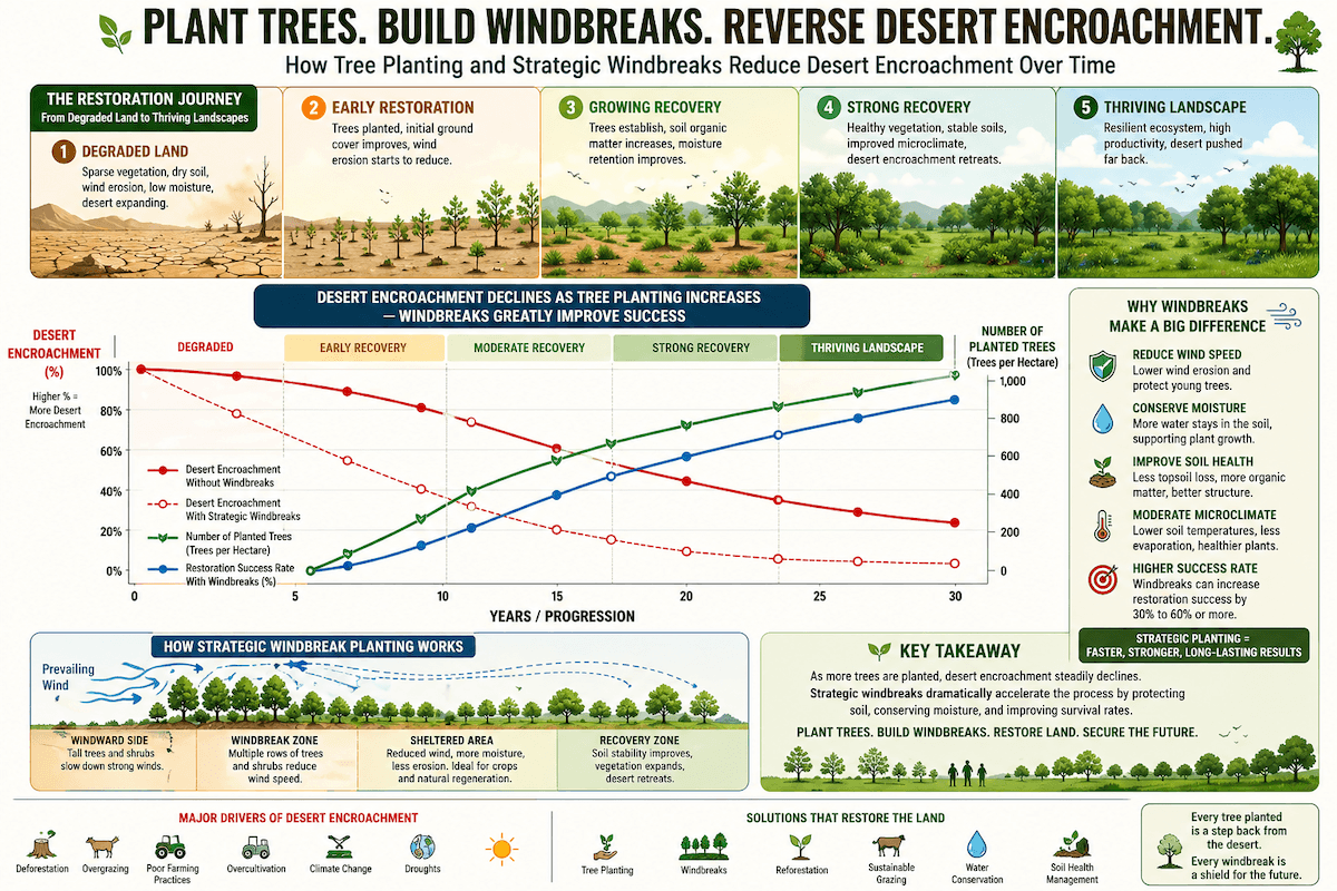 Infographic showing how tree planting and windbreaks reduce desert encroachment over time with restoration stages and success rates