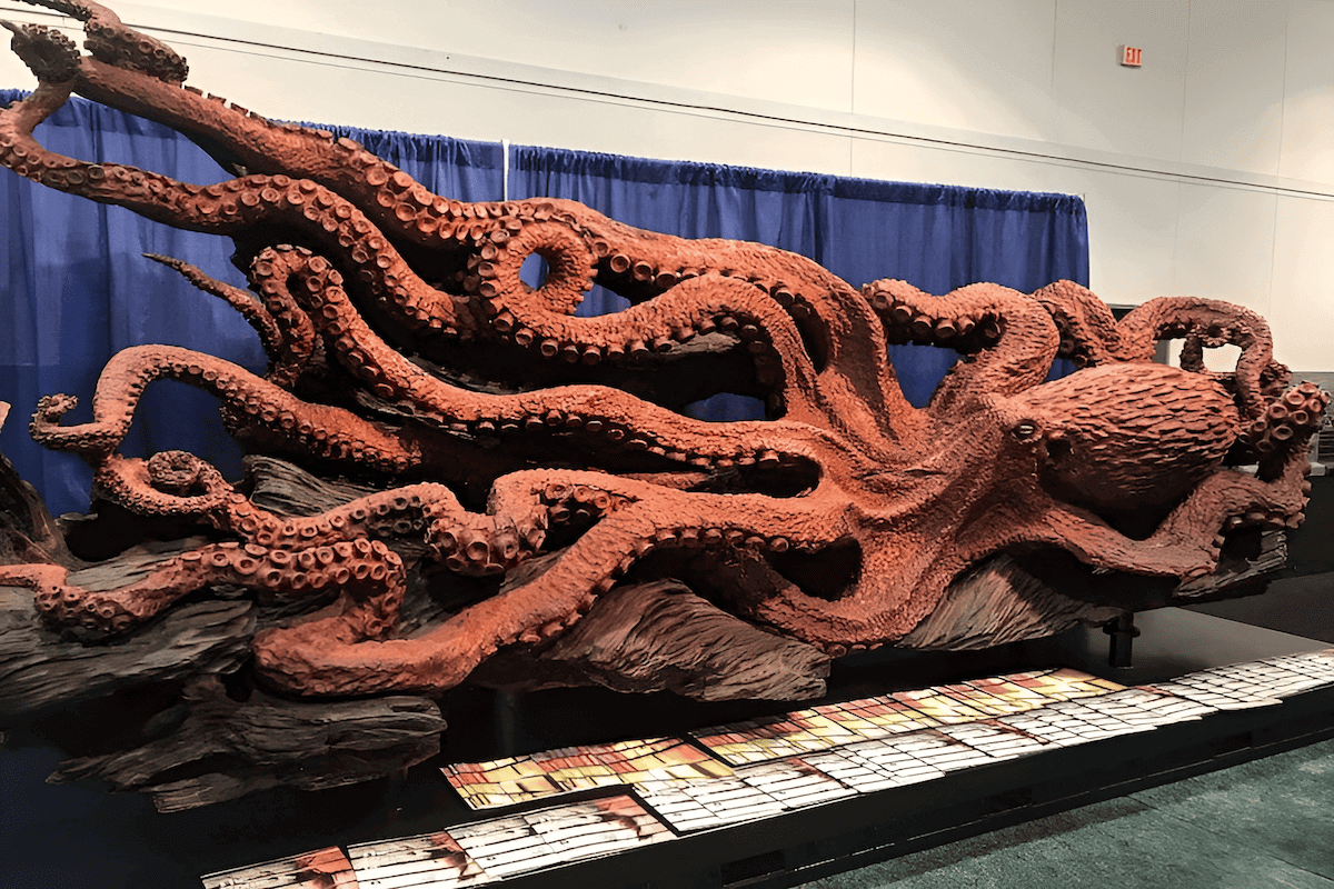 Wood chainsaw giant octopus sculpture by Jeff Samudosky