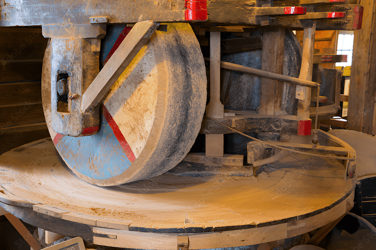 traditional grinding stone for grain inside a wood windmill