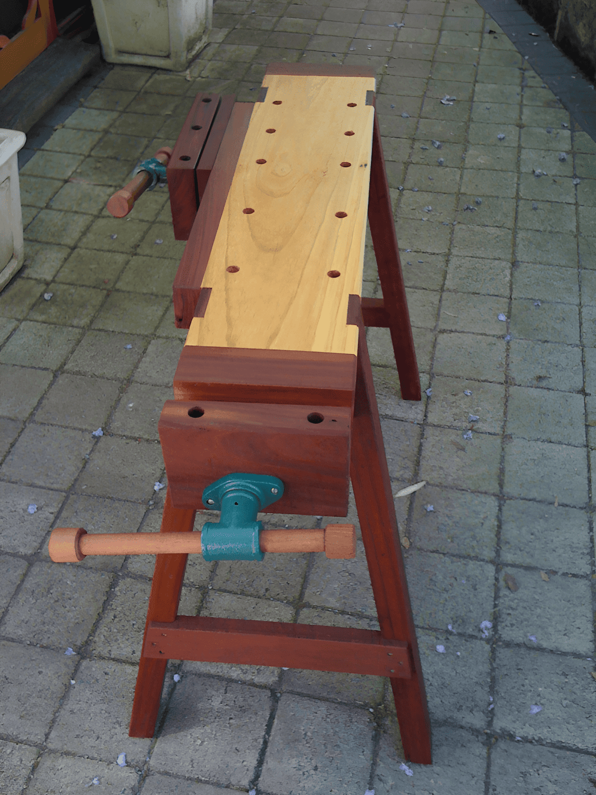 Wood workbench sawhorses with pegs sliders and clamps