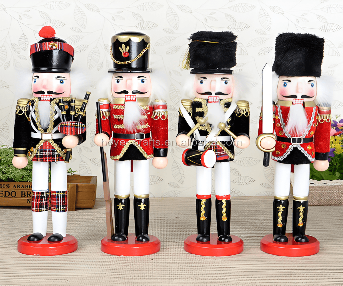 a collection of traditional German wooden nutcrackers displayed for Christmas
