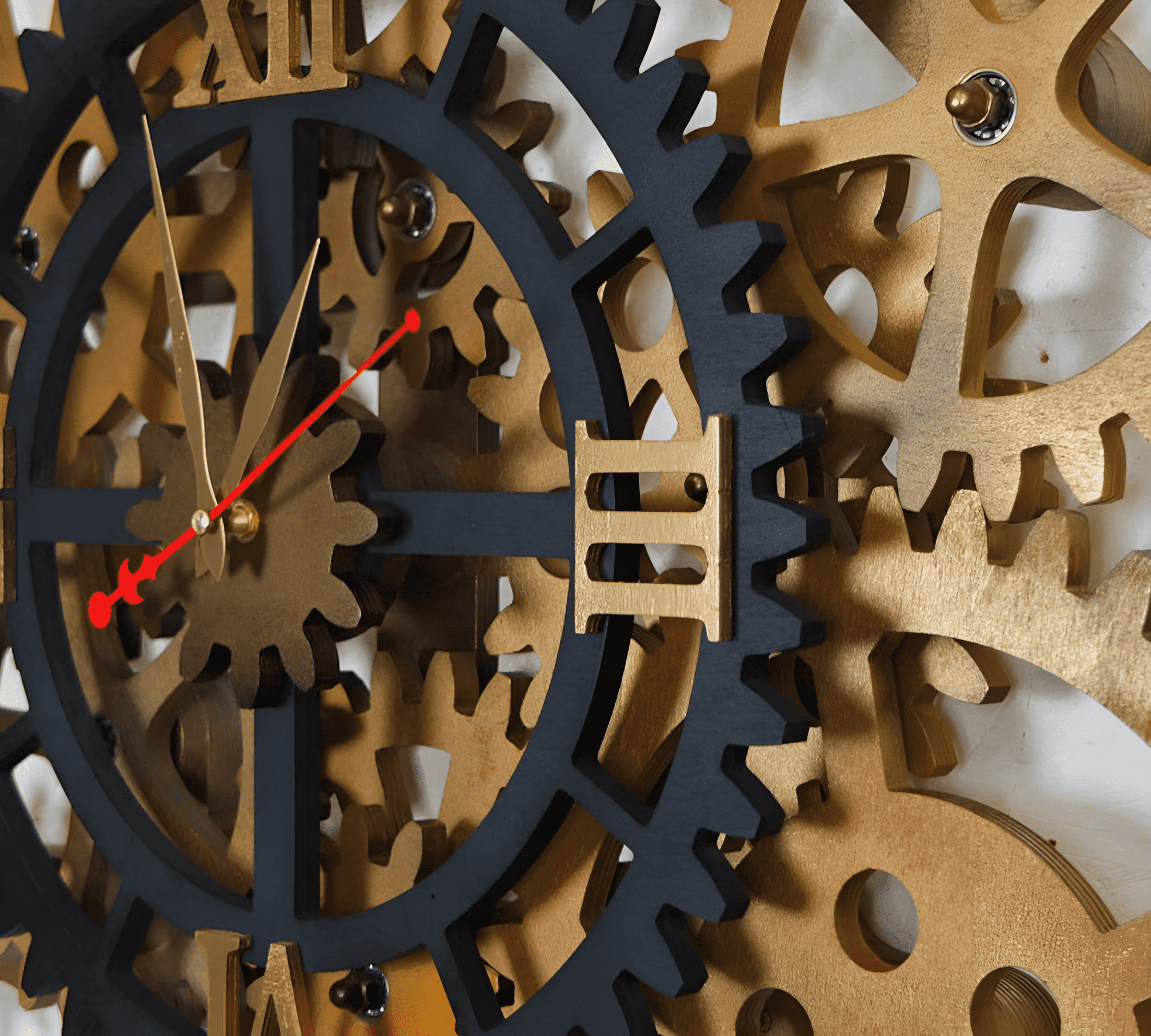 wooden clock gear assembly with precision cut gear teeth